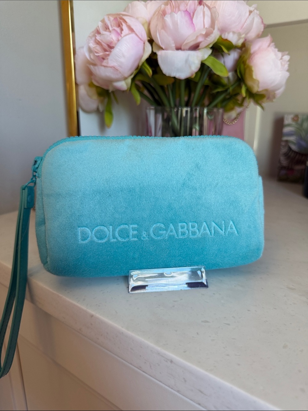Dolce & Gabbana Turquoise Velvet Wristlet zipper Pouch